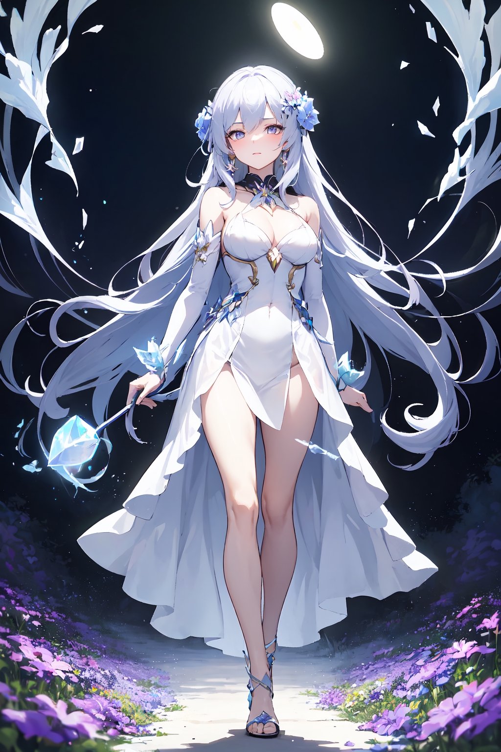 Beautiful and magical elemental spirit girl with long flowing hair, ethereal spiritual dress, walking through a field of crystal flowers as dark rainbow moonlight makes the flower glow with a luminous light
