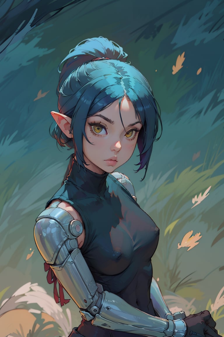 Female elf, cybernetic arms, thick thighs, fit body, abs, high ponytail hairstyle, blue hair color, yellow eyes, medium boobs, dark city background, ,gallywz