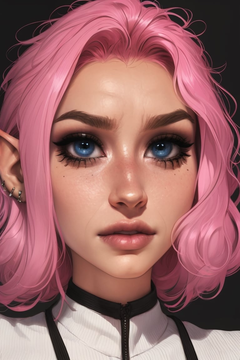 Close up portrait, female elf, pink hair, curly, curly_hair, black eyeliner, gorgeous, beautiful eyes, septum_piercing, photo shoot 