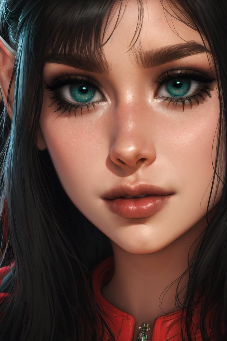 Close up portrait, female elf, black hair, straight fringe, green eyes, black eyeliner, gorgeous, beautiful eyes, septum_piercing, photo shoot 