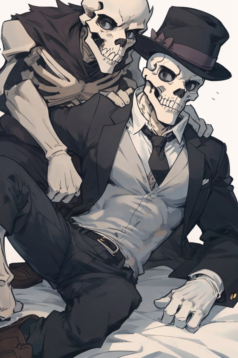 skeleton, black suit, black tie, black smart hat, white shirt, black pants, black smart leather shoes, white socks, grey scarf, black gloves, skeleton face,furry