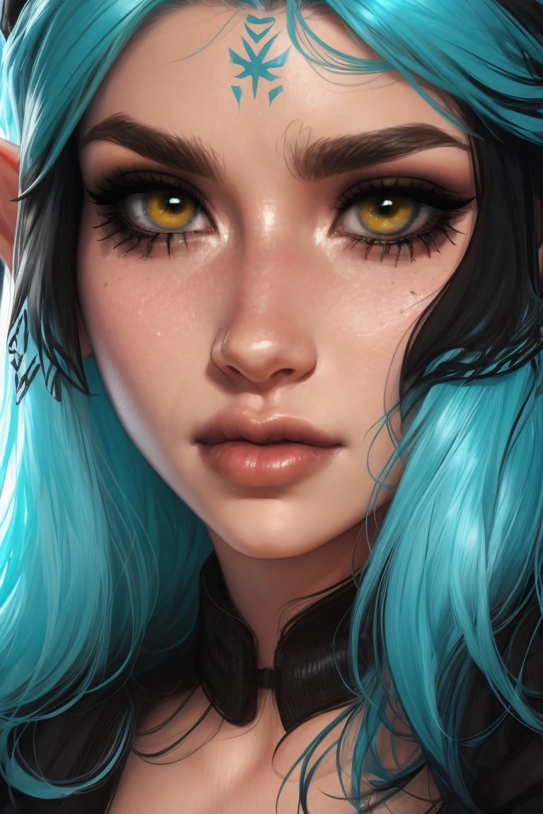 Close up portrait, female elf, aqua hair, yellow eyes, black eyeliner, gorgeous, beautiful eyes, septum_piercing, photo shoot 
