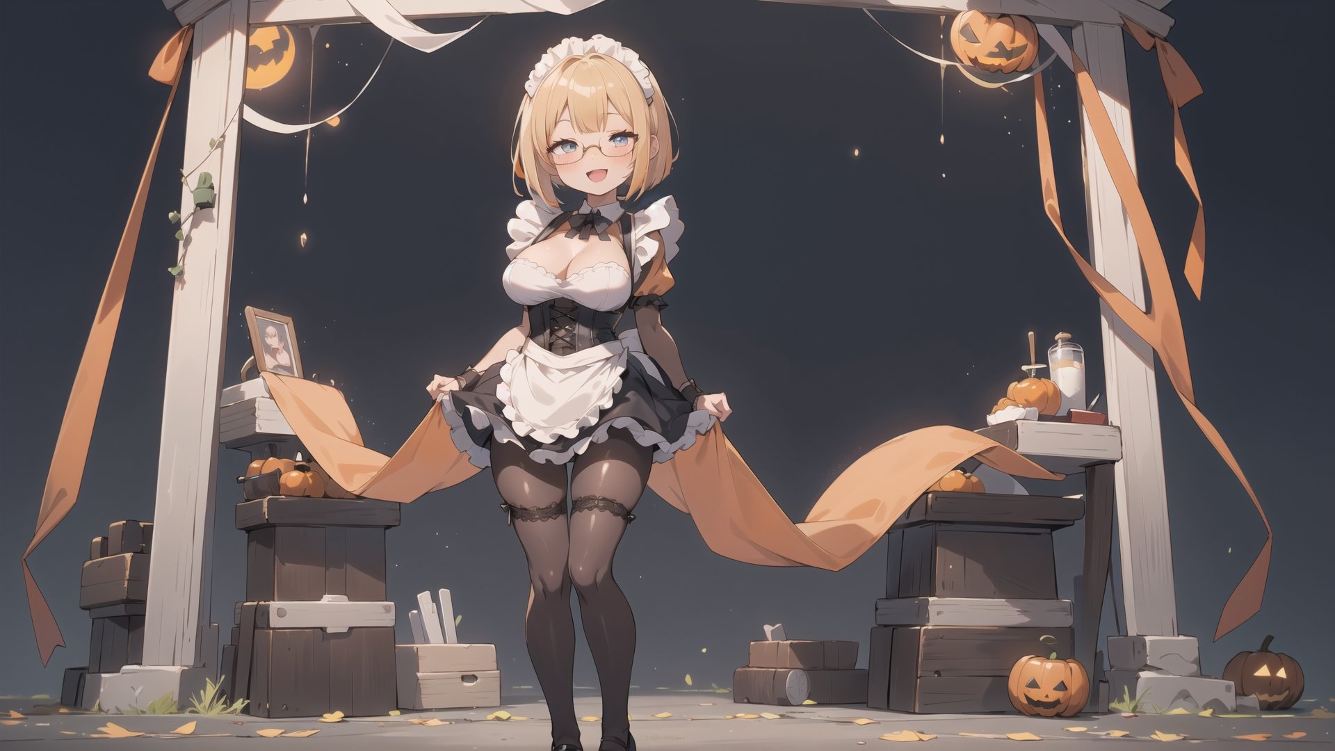 anime style portrait of a beautiful halloween glasses girl wearing (shiny-orange rubber skin tight bodysuit costume), (full body sign), (standing:1.5), (big breasts), (fusion of orange rubber bodysuit and gothic sweet maid costume:1.3), wearing a glasses:1.3, (rubber corset:1.3), (full lacy frill skirt:1.3), ((;D:1.3)), perfect face,perfect eyes,HD details,high details,sharp focus,studio photo,HD makeup,shimmery makeup,celebrity makeup,(( centered image)) (HD render)Studio portrait,magic, magical, fantasy, halloween, moon, jack-o' challenge, blonde hair, short bob hair, pixie hair, bangs, arms behid back, Mechanical part, hallowenn town, trick or treet,  magic aura background, cute, maid cosplay, 