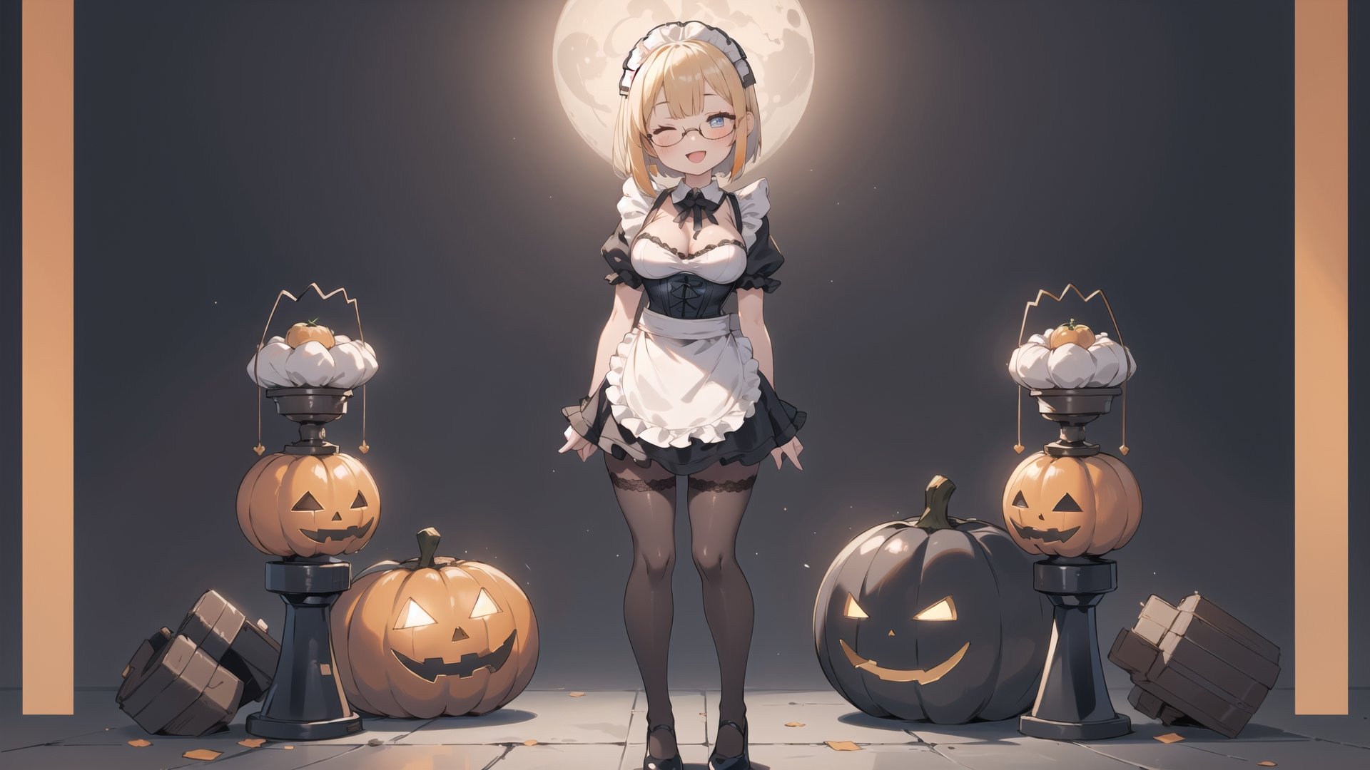 anime style portrait of a beautiful halloween glasses girl wearing (shiny-orange rubber skin tight bodysuit costume), (full body sign), (standing:1.5), (big breasts), (fusion of orange rubber bodysuit and gothic sweet maid costume:1.3), wearing a glasses:1.3, (rubber corset:1.3), (full lacy frill skirt:1.3), ((;D:1.3)), perfect face,perfect eyes,HD details,high details,sharp focus,studio photo,HD makeup,shimmery makeup,celebrity makeup,(( centered image)) (HD render)Studio portrait,magic, magical, fantasy, halloween, moon, jack-o' challenge, blonde hair, short bob hair, pixie hair, bangs, arms behid back, Mechanical part, hallowenn town, trick or treet,  magic aura background, cute, maid cosplay, 