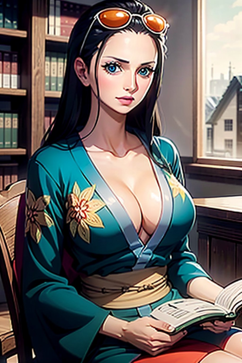 nico robin, (masterpiece), (very high detail), 1 solo girl, blue eyes, long hair, medium breasts, kimono, glasses on head, reading a book, table, chair, indoors, good lighting, library background, high detail, intricate, 8k