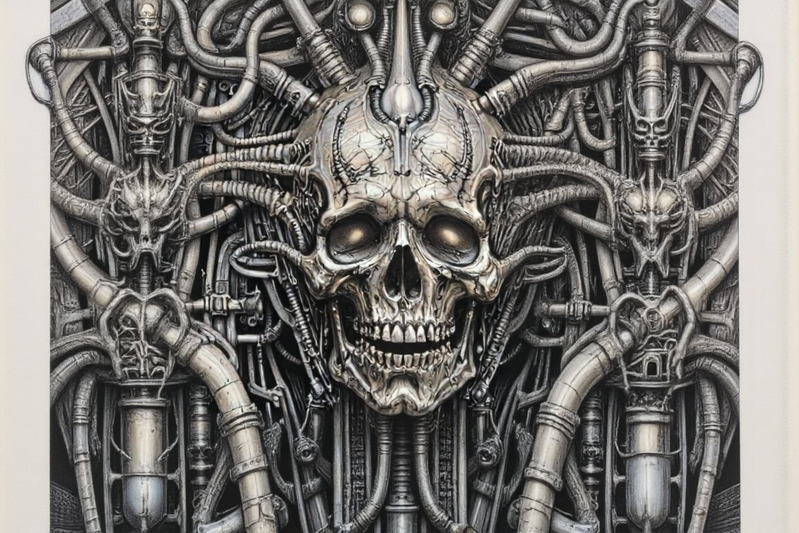 symmetrical and frontal portrait of a skull, front and semi-symmetrical, Focus on a human skull, A portrait of a skull, moebius style illustration, human skull as a trophy hanging on a wall, aesthetic, score_9, score_8_up, score_7_up, lPortrait, Only part of the skull, A biomechanical human skull in the style of H.R. Giger, skull attached to cyberpunk biomechanical machine, skull embedded in a biomechanical machine, suspended and welded to a biomechanical wall, characteristic of H.R. Giger, its shape is a hypnotic fusion of a biomechanical human skull of a human being in the style of H.R. giger, an ominously intricate machine, parts of the crane subtly morph into cold yet complex metallic contours, dark environment with fog, Human skull subtly attached and fused to the biomechanical environment, biomechanical pipes, water vapor and fog surround her, horror atmosphere, slimy slime drips from her body, alien style 1979

legendofnerd style, simple BREAK background, diagonal abstract structure on the background. add text as artist signature "Drauka"

color pencil, sketch, painting, paper texture, art_solyanka, SKP-highly detailed, SamYoung_Illustration