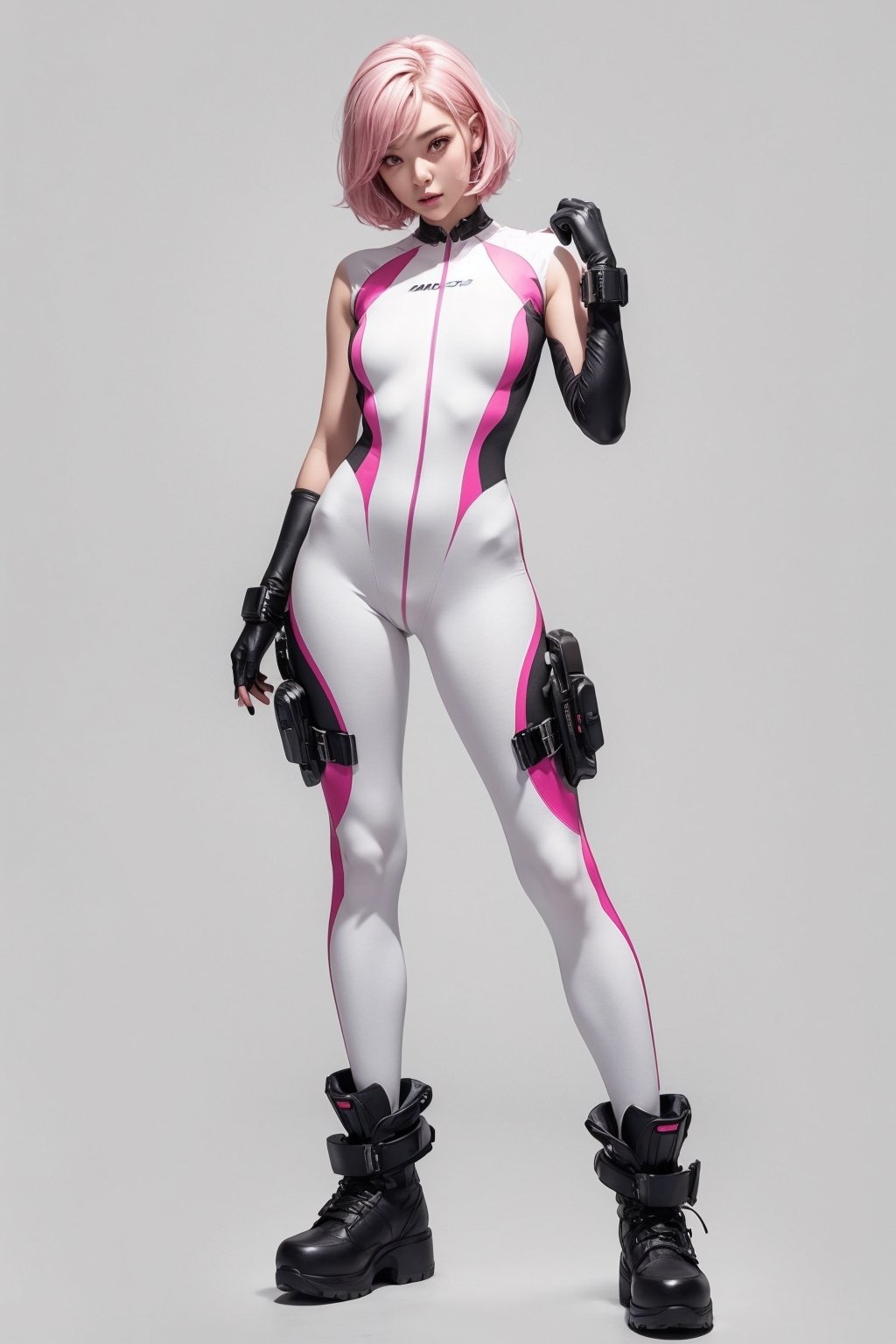  1 girl (best quality), full body, pink hair, short bob hair, astro costume, purple eyes, tight bodysuit, transparent bodysuit, leotard, pose character characteristics, standing pose relaxed arms, neutral standing pose, character characteristics character, full character, futuristic footwear, cyberpunk style, masamune shirow style, neco style, No background, light background, white background, plain white background, no background, clean background, jumpsuit,th1nsh1rtng,leggings,SAM YANG