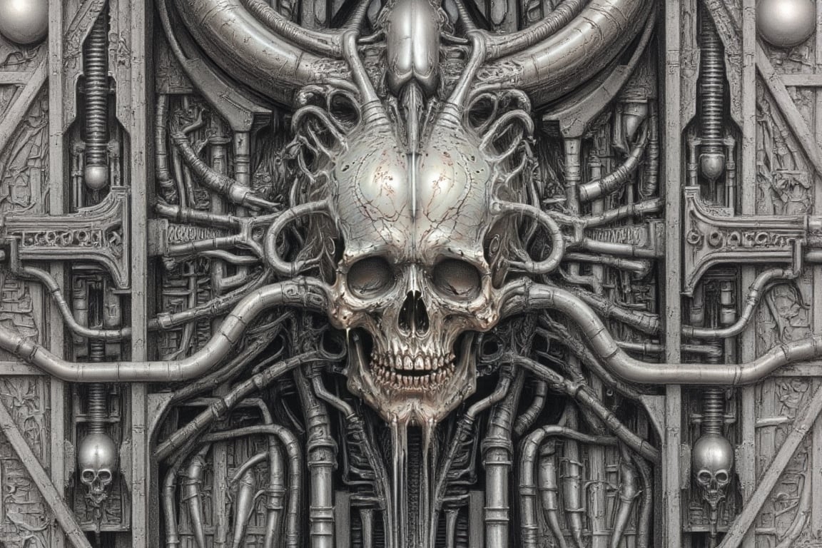 symmetrical and frontal portrait of a skull, front and semi-symmetrical, Focus on a human skull, A portrait of a skull, moebius style illustration, human skull as a trophy hanging on a wall, aesthetic, score_9, score_8_up, score_7_up, lPortrait, Only part of the skull, A biomechanical human skull in the style of H.R. Giger, skull attached to cyberpunk biomechanical machine, skull embedded in a biomechanical machine, suspended and welded to a biomechanical wall, characteristic of H.R. Giger, its shape is a hypnotic fusion of a biomechanical human skull of a human being in the style of H.R. giger, an ominously intricate machine, parts of the crane subtly morph into cold yet complex metallic contours, dark environment with fog, Human skull subtly attached and fused to the biomechanical environment, biomechanical pipes, water vapor and fog surround her, horror atmosphere, slimy slime drips from her body, alien style 1979

legendofnerd style, simple BREAK background, diagonal abstract structure on the background. add text as artist signature "Drauka"

color pencil, sketch, painting, paper texture, art_solyanka, SKP-highly detailed, SamYoung_Illustration