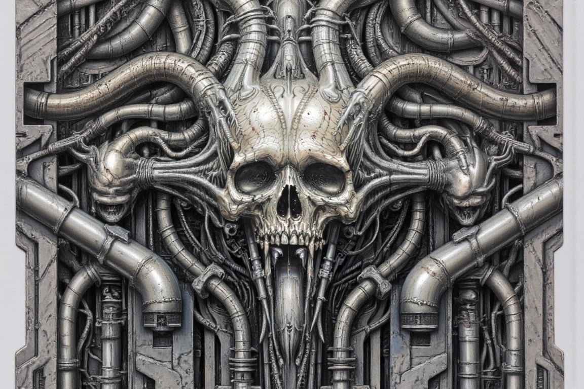 symmetrical and frontal portrait of a skull, front and semi-symmetrical, Focus on a human skull, A portrait of a skull, moebius style illustration, human skull as a trophy hanging on a wall, aesthetic, score_9, score_8_up, score_7_up, lPortrait, Only part of the skull, A biomechanical human skull in the style of H.R. Giger, skull attached to cyberpunk biomechanical machine, skull embedded in a biomechanical machine, suspended and welded to a biomechanical wall, characteristic of H.R. Giger, its shape is a hypnotic fusion of a biomechanical human skull of a human being in the style of H.R. giger, an ominously intricate machine, parts of the crane subtly morph into cold yet complex metallic contours, dark environment with fog, Human skull subtly attached and fused to the biomechanical environment, biomechanical pipes, water vapor and fog surround her, horror atmosphere, slimy slime drips from her body, alien style 1979

legendofnerd style, simple BREAK background, diagonal abstract structure on the background. add text as artist signature "Drauka"

color pencil, sketch, painting, paper texture, art_solyanka, SKP-highly detailed, SamYoung_Illustration