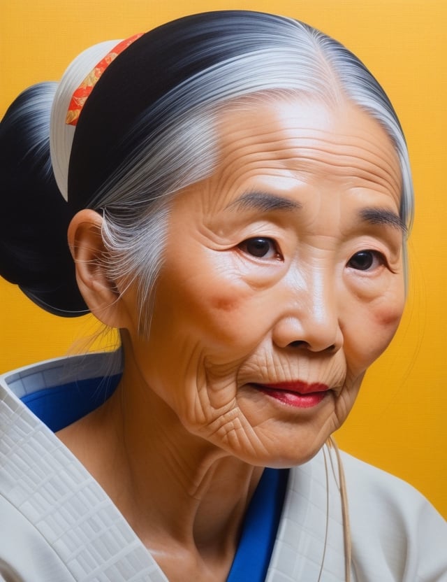 Create a mesmerizing gouache painting on canvas with a brush, portraying a 50-year-old Japanese woman whose skin still exudes youthfulness. She has fair skin, long straight blonde hair, and a close-up of her face. Intricately capture details using the gouache medium on canvas. Draw inspiration from the gouache paintings of Yoshitomo Nara, the gouache portraits of Komako Sakai, and the canvas gouache technique of Pauline Bewick. Craft a superior gouache artwork that seamlessly blends these influences into an outstanding portrayal.

