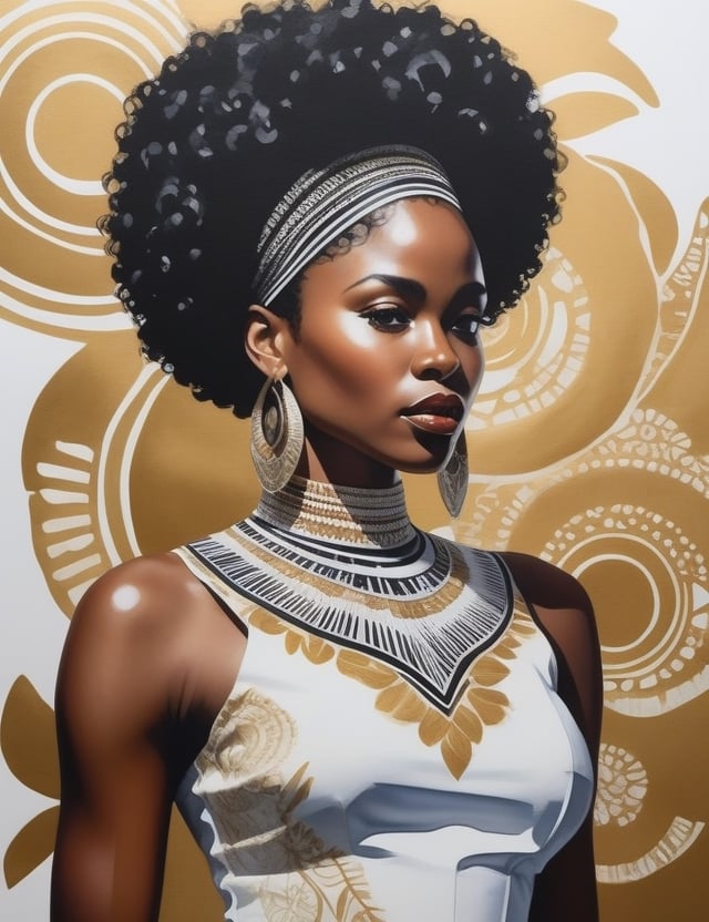 "Craft a stunning 4K watercolor painting depicting the grace of an African woman. Concentrate on intricate details, showcasing her deep black, short, curly hair, and a luminous white dress. The composition should offer a frontal, close-up view of her face. Aim for extreme details reminiscent of artists like Kehinde Wiley, Mary Whyte, and Wangechi Mutu."

