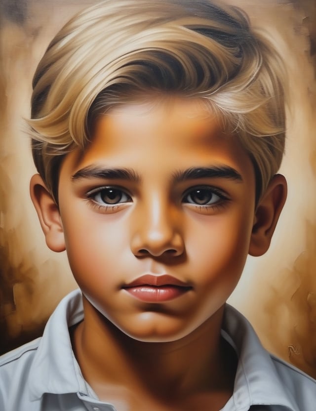 Create a captivating oil painting on canvas, portraying a 15-year-old boy from Venezuela with fair skin and straight, blonde hair, with a close-up of his face. Intricately capture details using the oil medium on canvas. Draw inspiration from the oil portraits of Arturo Michelena, the oil paintings of Armando Reverón, and the oil on canvas technique of Héctor Poleo. Craft a superior oil painting that seamlessly blends these influences into an outstanding portrayal.

