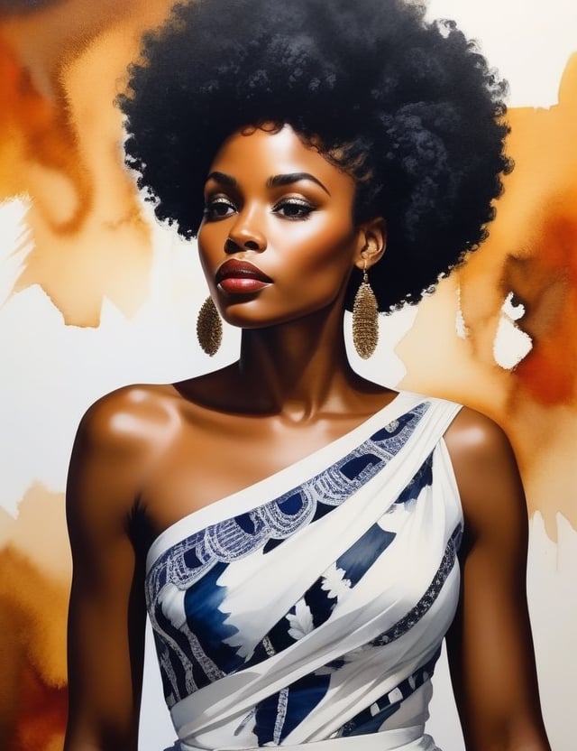 "Craft a stunning 4K watercolor painting depicting the grace of an African woman. Concentrate on intricate details, showcasing her deep black, short, curly hair, and a luminous white dress. The composition should offer a frontal, close-up view of her face. Aim for extreme details reminiscent of artists like Kehinde Wiley, Mary Whyte, and Wangechi Mutu."

