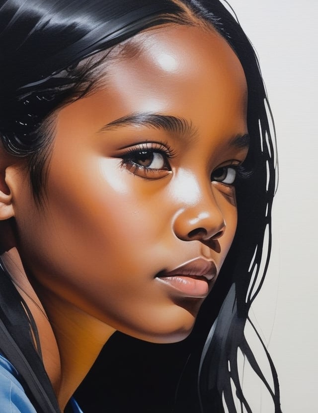 Create a captivating gouache painting on canvas with a brush, portraying a 10-year-old Namibian girl whose skin still radiates youthfulness. She has fair skin, long straight black hair, and a close-up of her face. Intricately capture details using the gouache medium on canvas. Draw inspiration from the gouache paintings of Clare Celeste Börsch, the gouache portraits of Minjae Lee, and the canvas gouache technique of Jodi Maas. Craft a superior gouache artwork that seamlessly blends these influences into an outstanding portrayal.

