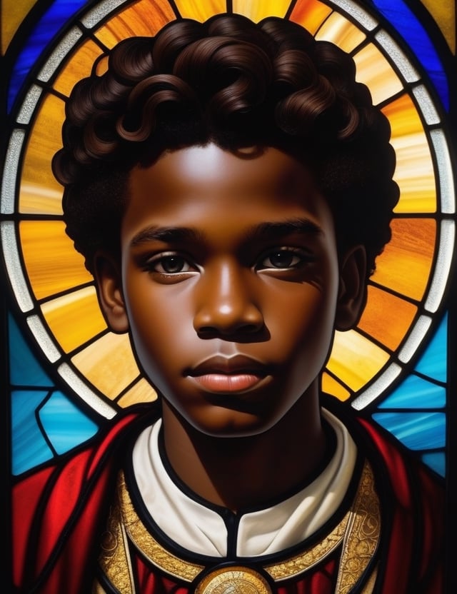 Create a stunning stained glass window artwork featuring a 12-year-old boy from Angola. Pay meticulous attention to detail, capturing the deep, dark black skin tone and the tightly coiled, dry, and short hair. The composition should be a close-up of his face, highlighting the unique features of his complexion and the distinct curls of his hair. Use the stained glass medium to convey the subtleties of his expression, ensuring a lifelike and expressive representation.

