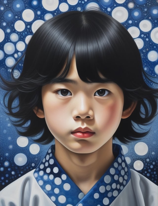 Create a captivating oil painting on canvas, portraying a 12-year-old Japanese boy with fair skin, straight and freely flowing hair, with a close-up of his face. Intricately capture details using the oil medium on canvas. Draw inspiration from the oil portraits of Yoshitomo Nara, the oil paintings of Tetsuya Ishida, and the oil on canvas technique of Yayoi Kusama. Craft a superior oil painting that seamlessly blends these influences into an outstanding portrayal.

