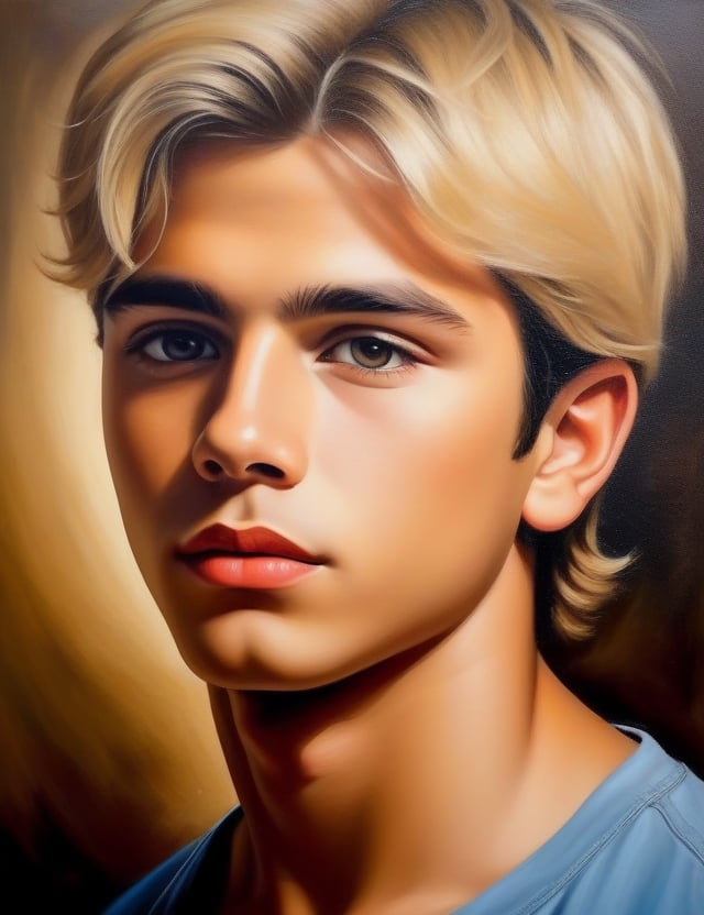 Create a captivating oil painting on canvas, portraying a 15-year-old boy from Venezuela with fair skin and straight, blonde hair, with a close-up of his face. Intricately capture details using the oil medium on canvas. Draw inspiration from the oil portraits of Arturo Michelena, the oil paintings of Armando Reverón, and the oil on canvas technique of Héctor Poleo. Craft a superior oil painting that seamlessly blends these influences into an outstanding portrayal.

