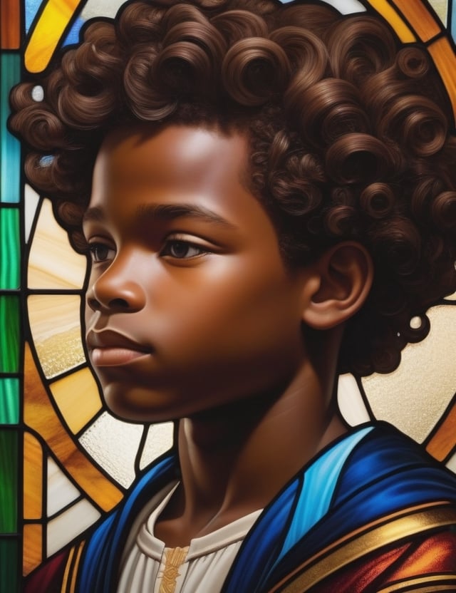 Create a stunning stained glass window artwork featuring a 12-year-old boy from Angola. Pay meticulous attention to detail, capturing the deep, dark black skin tone and the tightly coiled, dry, and short hair. The composition should be a close-up of his face, highlighting the unique features of his complexion and the distinct curls of his hair. Use the stained glass medium to convey the subtleties of his expression, ensuring a lifelike and expressive representation.

