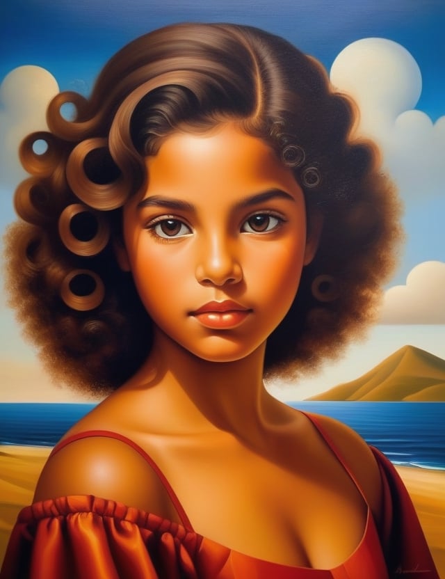 Create a captivating oil painting on canvas, portraying a 14-year-old Brazilian girl with caramel skin and tightly curled hair, with a close-up of her face. Intricately capture details using the oil medium on canvas. Draw inspiration from the oil portraits of Tarsila do Amaral, the oil paintings of Candido Portinari, and the oil on canvas technique of Di Cavalcanti. Craft a superior oil painting that seamlessly blends these influences into an outstanding portrayal.

