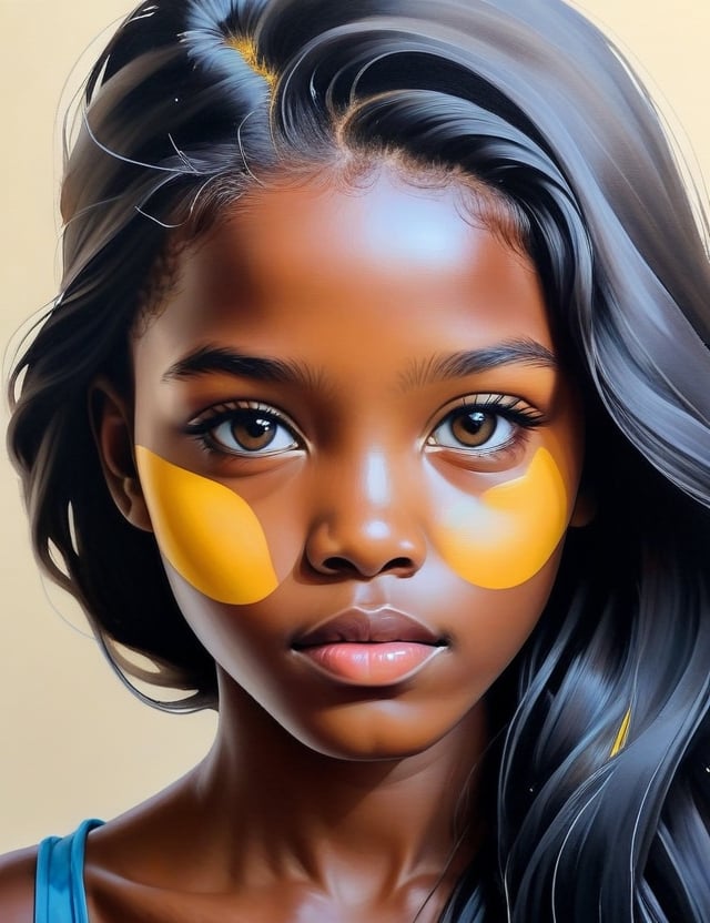 Create a captivating gouache painting on canvas with a brush, portraying a 10-year-old Namibian girl whose skin still radiates youthfulness. She has fair skin, long straight black hair, and a close-up of her face. Intricately capture details using the gouache medium on canvas. Draw inspiration from the gouache paintings of Clare Celeste Börsch, the gouache portraits of Minjae Lee, and the canvas gouache technique of Jodi Maas. Craft a superior gouache artwork that seamlessly blends these influences into an outstanding portrayal.

