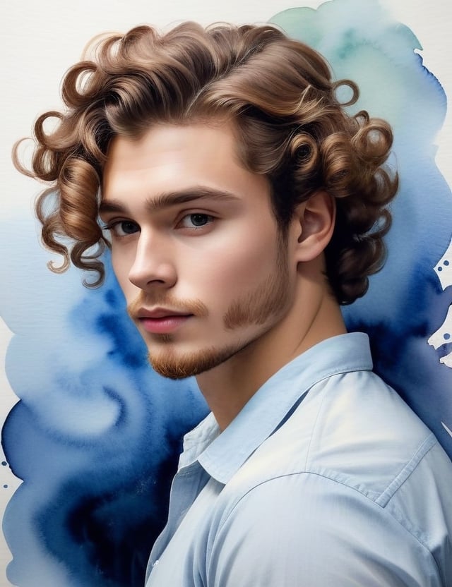 Create a mesmerizing watercolor artwork with a brush, featuring a 25-year-old Russian man. Pay meticulous attention to detail, portraying his fair skin tone and tightly curled, coiled hair. The composition should be a close-up of his face, highlighting the unique texture of his curls and the delicate features of his complexion. Use the watercolor medium to convey the subtleties of his expression, ensuring a lifelike and expressive representation.


