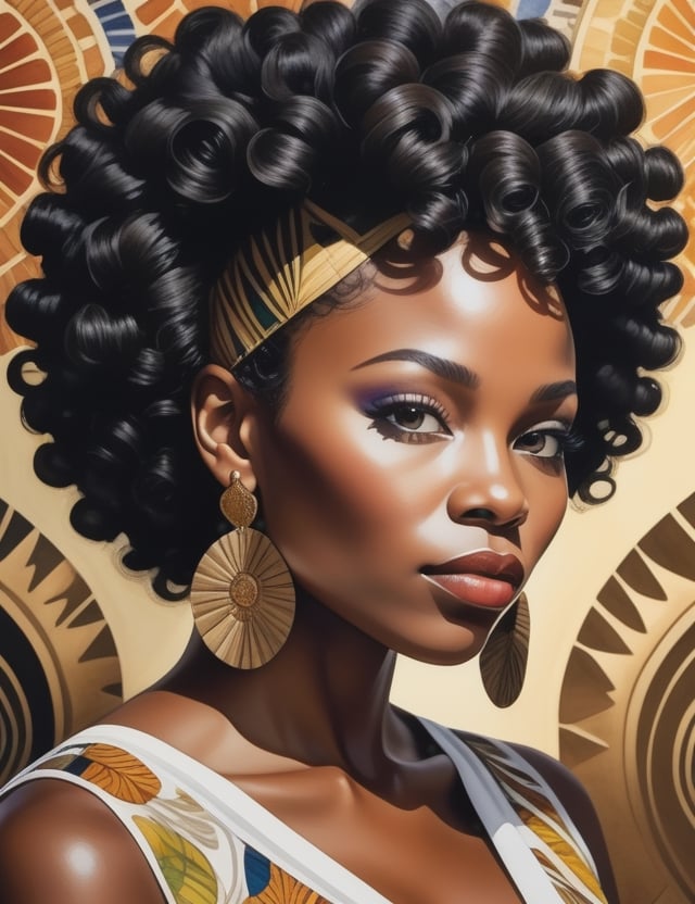 "Craft a stunning 4K watercolor painting depicting the grace of an African woman. Concentrate on intricate details, showcasing her deep black, short, curly hair, and a luminous white dress. The composition should offer a frontal, close-up view of her face. Aim for extreme details reminiscent of artists like Kehinde Wiley, Mary Whyte, and Wangechi Mutu."

