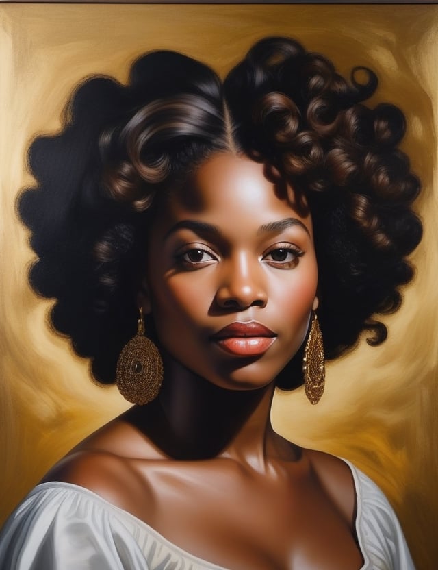 Create a stunning oil painting on canvas, portraying a 30-year-old African woman with dark skin and straight hair that is slightly wavy, with loose curls. Focus on a close-up of her face and intricately capture details using the oil medium on canvas. Draw inspiration from the oil portraits of Kehinde Wiley, the oil paintings of Amy Sherald, and the oil on canvas technique of Rembrandt. Craft a superior oil painting that seamlessly blends these influences into an outstanding portrayal.

