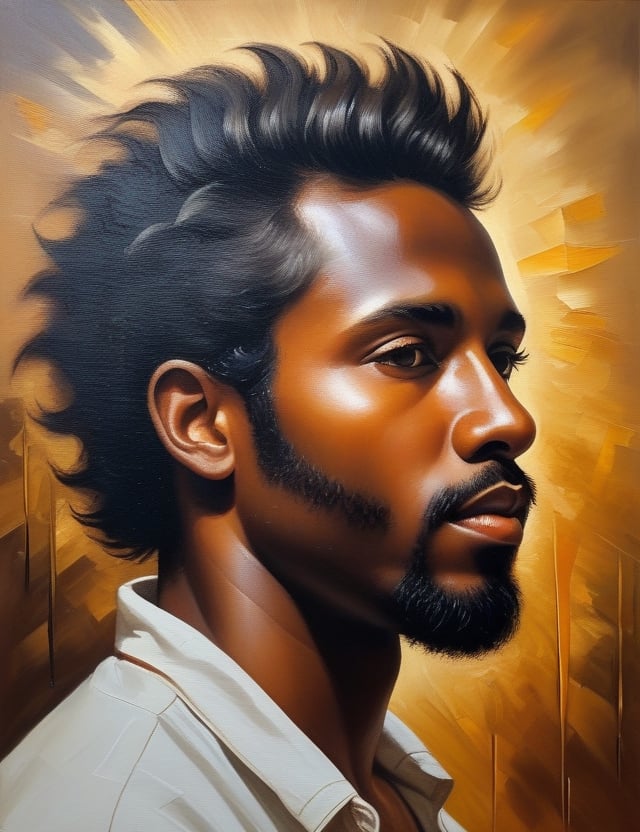 Create a captivating oil painting on canvas, portraying a 30-year-old man from Argentina with dark skin, spiky and well-groomed hair, with a close-up of his face. Intricately capture details using the oil medium on canvas. Draw inspiration from the oil portraits of Antonio Berni, the oil paintings of Xul Solar, and the oil on canvas technique of Guillermo Roux. Craft a superior oil painting that seamlessly blends these influences into an outstanding portrayal.

