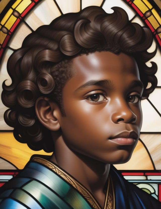 Create a stunning stained glass window artwork featuring a 12-year-old boy from Angola. Pay meticulous attention to detail, capturing the deep, dark black skin tone and the tightly coiled, dry, and short hair. The composition should be a close-up of his face, highlighting the unique features of his complexion and the distinct curls of his hair. Use the stained glass medium to convey the subtleties of his expression, ensuring a lifelike and expressive representation.

