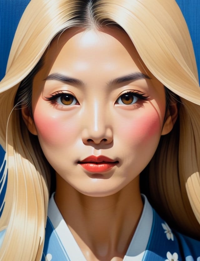 Create a mesmerizing gouache painting on canvas with a brush, portraying a 50-year-old Japanese woman whose skin still exudes youthfulness. She has fair skin, long straight blonde hair, and a close-up of her face. Intricately capture details using the gouache medium on canvas. Draw inspiration from the gouache paintings of Yoshitomo Nara, the gouache portraits of Komako Sakai, and the canvas gouache technique of Pauline Bewick. Craft a superior gouache artwork that seamlessly blends these influences into an outstanding portrayal.

