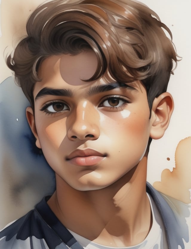 Create a captivating watercolor artwork with a brush, featuring a 15-year-old Egyptian boy. Pay meticulous attention to detail, portraying his caramel-toned skin and straight, neatly separated brown hair. The composition should be a close-up of his face, highlighting the unique texture of his hair and the delicate features of his complexion. Use the watercolor medium to convey the subtleties of his expression, ensuring a lifelike and expressive representation.

