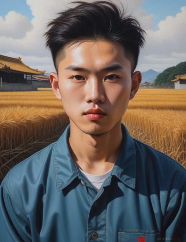 Create a captivating oil painting on canvas, portraying a 17-year-old Asian man with caramel skin, spiky and well-groomed hair, with a close-up of his face. Intricately capture details using the oil medium on canvas. Draw inspiration from the oil portraits of Leng Jun, the oil paintings of Liu Xiaodong, and the oil on canvas technique of Zeng Fanzhi. Craft a superior oil painting that seamlessly blends these influences into an outstanding portrayal.

