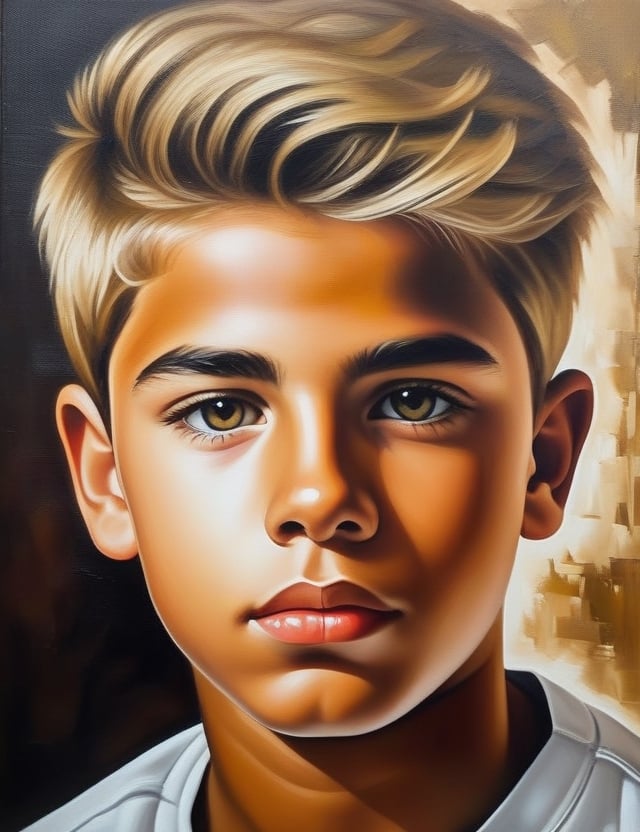 Create a captivating oil painting on canvas, portraying a 15-year-old boy from Venezuela with fair skin and straight, blonde hair, with a close-up of his face. Intricately capture details using the oil medium on canvas. Draw inspiration from the oil portraits of Arturo Michelena, the oil paintings of Armando Reverón, and the oil on canvas technique of Héctor Poleo. Craft a superior oil painting that seamlessly blends these influences into an outstanding portrayal.

