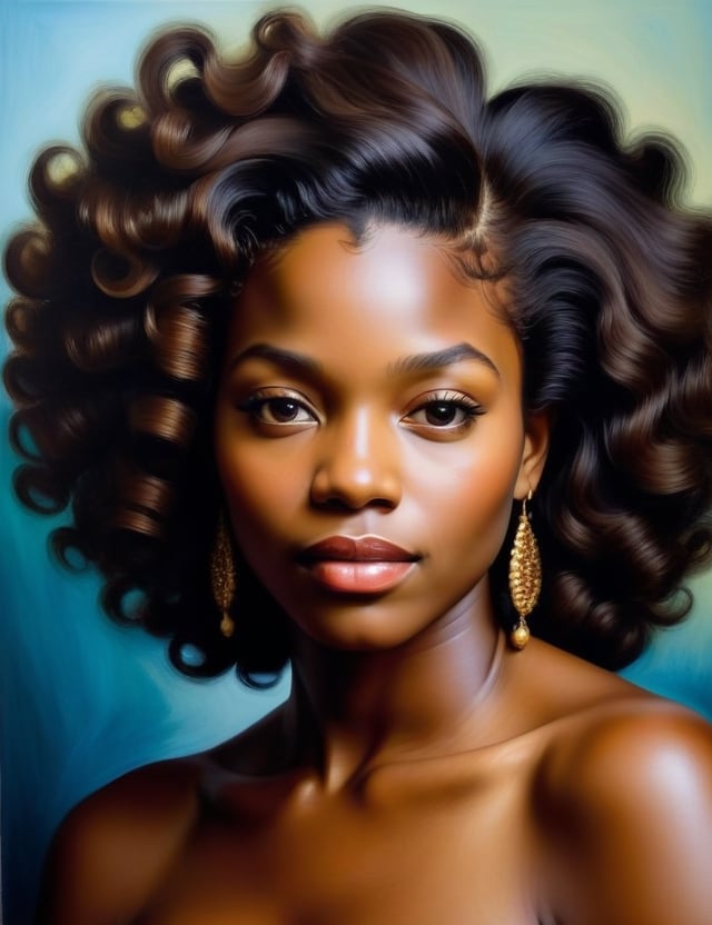Create a stunning oil painting on canvas, portraying a 30-year-old African woman with dark skin and straight hair that is slightly wavy, with loose curls. Focus on a close-up of her face and intricately capture details using the oil medium on canvas. Draw inspiration from the oil portraits of Kehinde Wiley, the oil paintings of Amy Sherald, and the oil on canvas technique of Rembrandt. Craft a superior oil painting that seamlessly blends these influences into an outstanding portrayal.

