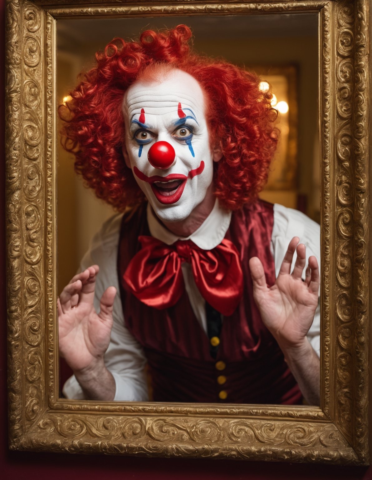 Cinematic photo of a 50-year-old American clown with a large red nose, wearing a red wig (shiny twisted red curls like springs), looking in the mirror. A large, wide mirror in a golden decorative frame. He sees another person on the other side of the mirror. Two different faces, two different people. Small depth of field, soft light, beautiful colors. Terrified and sad look, very detailed, atmospheric, dramatic, masterpiece,