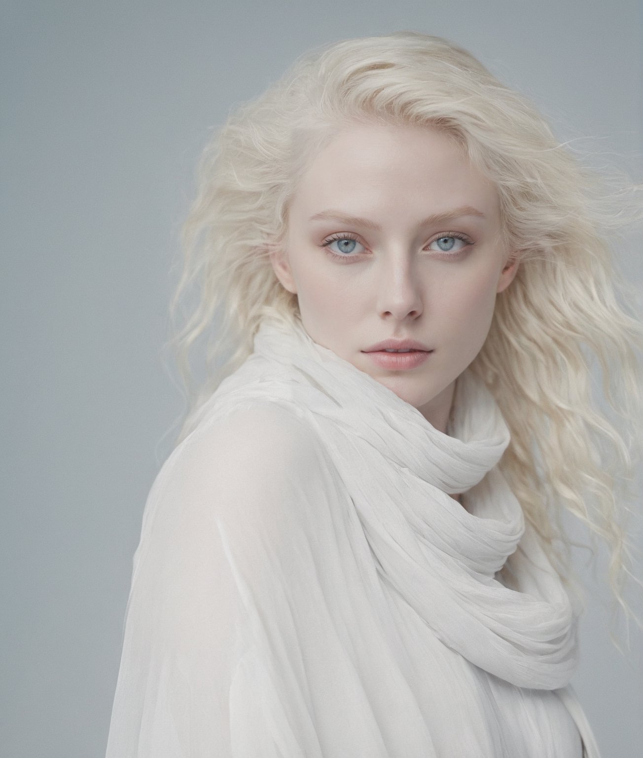 best quality, 4k, 8k, highres, ultra-detailed, blond woman with a white dress and a white scarf in a plain background, incredibly ethereal, ethereal hair, flowing hair, windy hair, grey blue eyes, ethereal beauty, very ethereal, pale skin curly blond hair, a stunning young ethereal figure, pale complexion, soft portrait shot 8 k, a still of an ethereal, pale woman, soft ethereal lighting, porcelain pale skin, portrait of albino mystic, ethereal soft and fuzzy glow, epic composition Unreal Engine, cinematics, color grading, portrait photography, ultra-wide angle, depth of field, hyper detailed