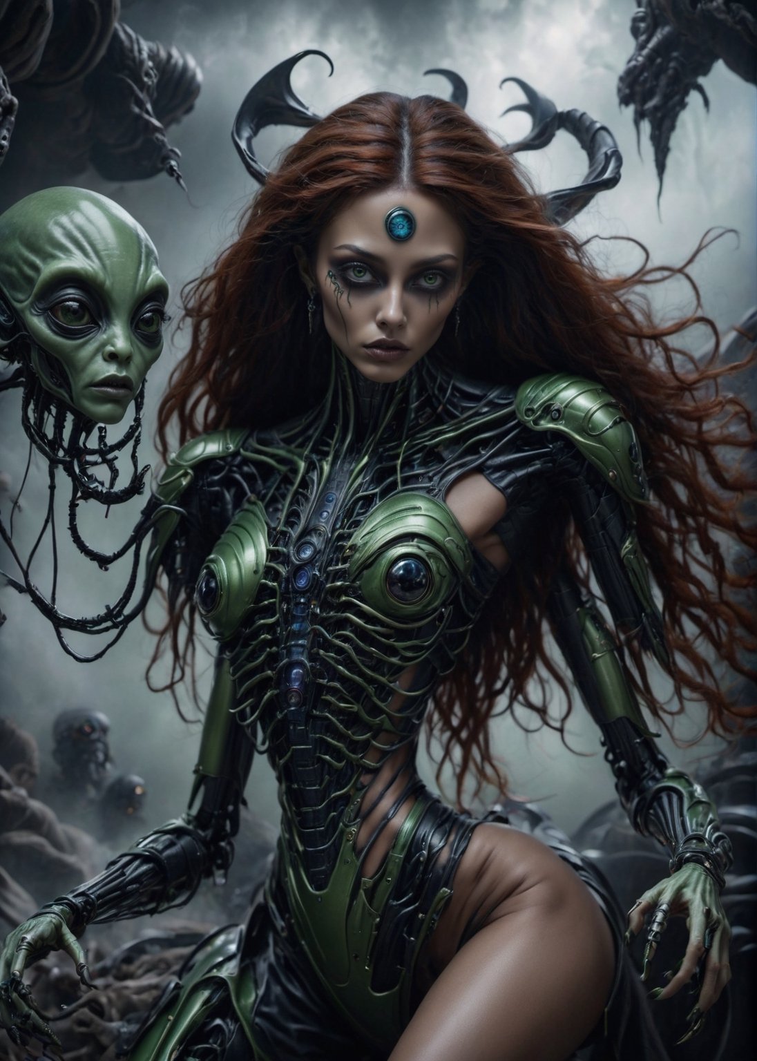 hyper realistic photography, 8k, green alien, very thin lips (big black eyes), full body, slim, long fingers, four fingered hands, precise details, piercing gaze, detailed skin, perfect colors, character, realistic, high resolution, detailed, intricate details, indirect lighting, cinematographic retro lighting, expression, mystery, fantasy, space,cyborg style