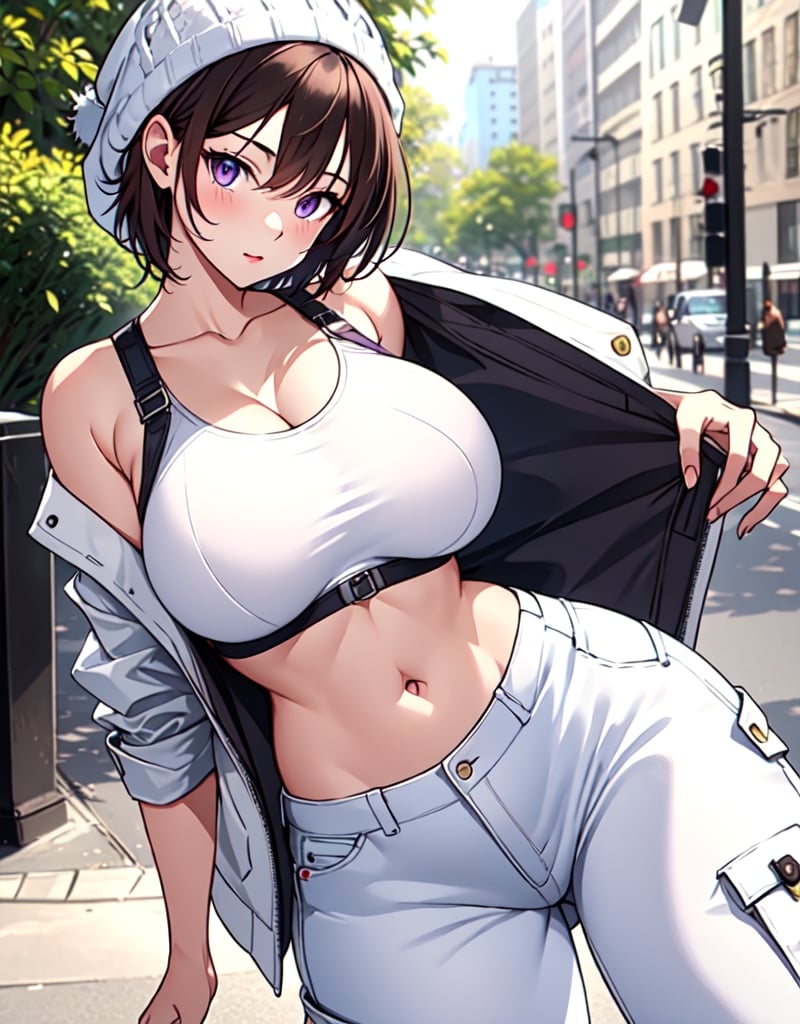 girl in the park (white cargo pants) (white tank top)(white denim jacket)(knitted hat) big breasts facing viewer long dark brown hair, light purple eyes,short hair