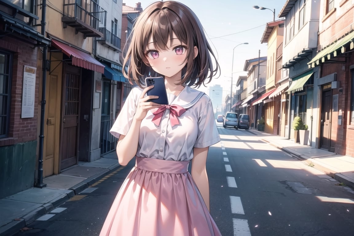 vibrant colors, masterpiece, sharp focus, best quality, depth of field, cinematic lighting, (illustration, 8k CG, extremely detailed), masterpiece, ultra-detailed, (solo),1 girl around 15 years old looks cute, medium brown hair, brown hair, pink eyes,dress in highschool, calm, hand on phone, standing in busy street, day time,