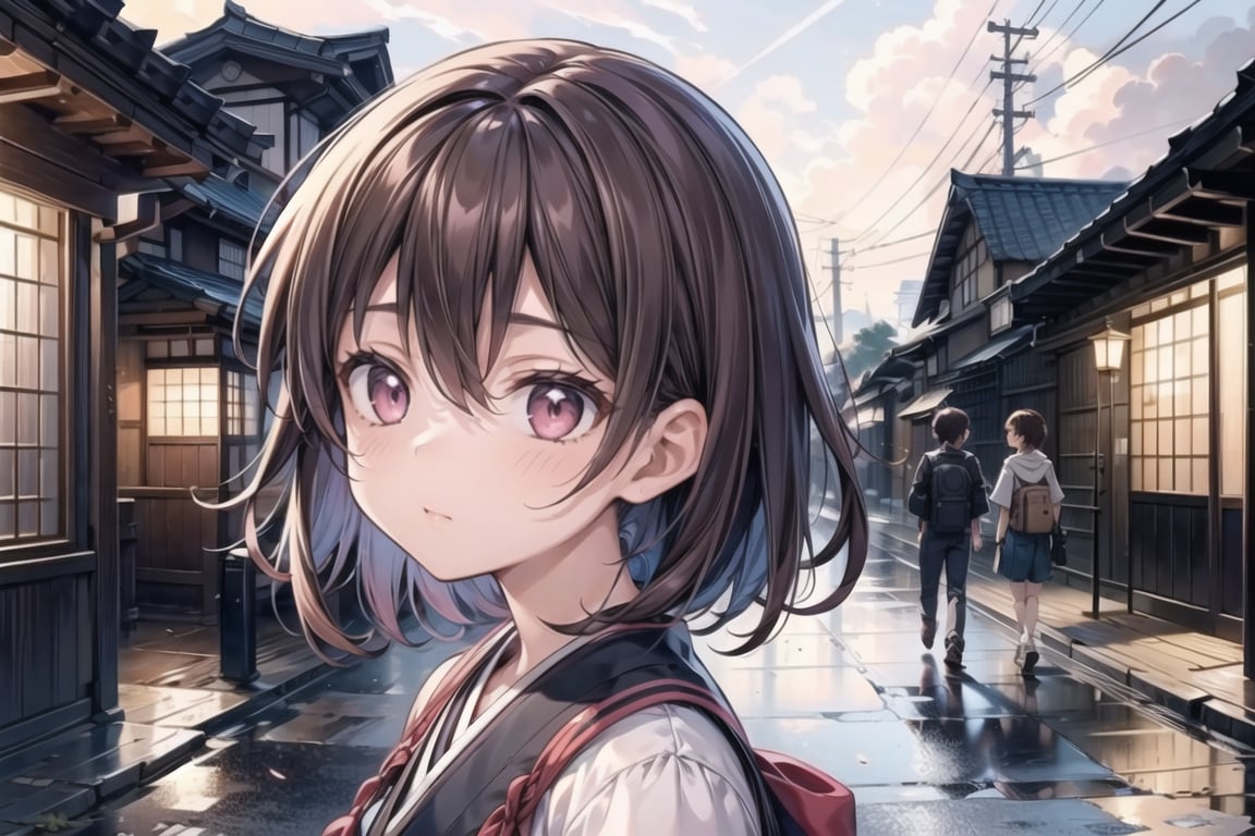 vibrant colors, female, masterpiece, sharp focus, best quality, depth of field, cinematic lighting,(couple), (illustration, 8k CG, extremely detailed), masterpiece, ultra-detailed, 1 girl, medium hair, brown hair, pink eyes, Animated Film 'Your Name' Takes Japan by Storm