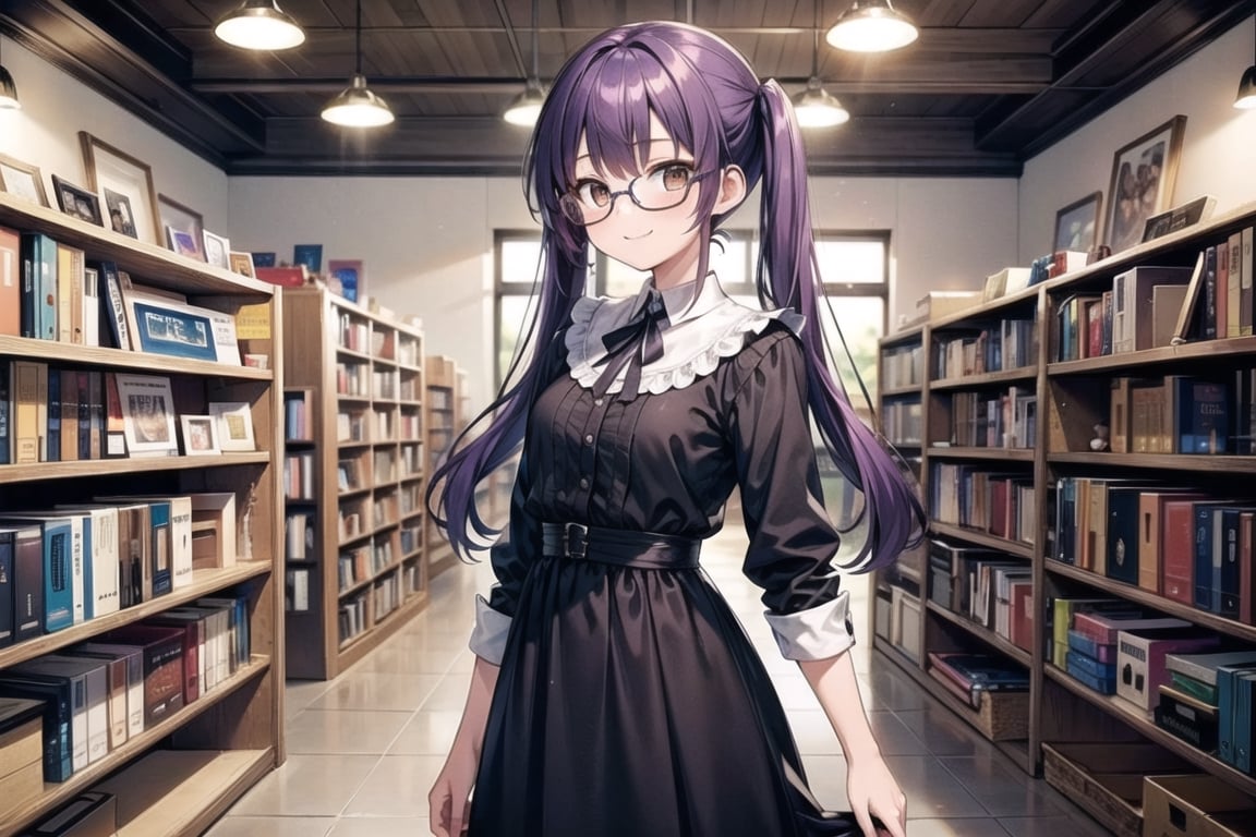 vibrant colors, masterpiece, sharp focus, best quality, depth of field, cinematic lighting, (illustration, 8k CG, extremely detailed), masterpiece, ultra-detailed, (solo), 1 girl around 18 years old, tall, long twintail hair, purple hair, brown eyes, wear glasses, dress in highschool , smile, standing, background in bookstore, 
