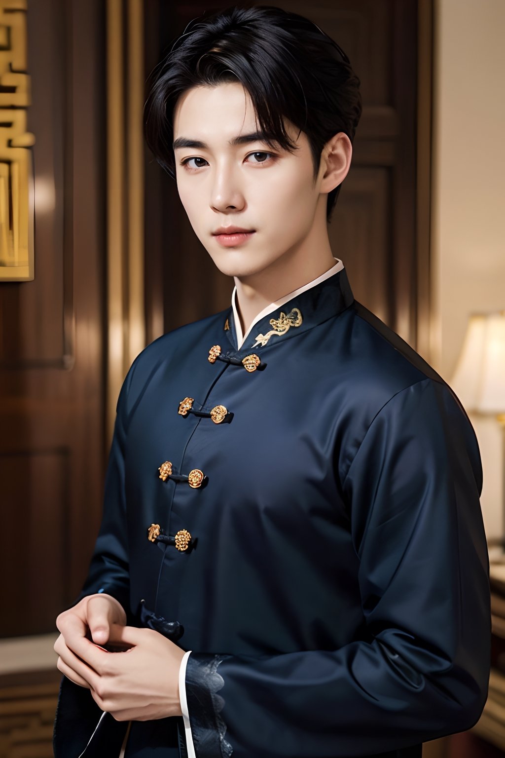 ((Fujifilm)), ((Depth of field )), solo, {man},handsome,tall, sharp eyes, delicate facial features, cnc_cc, (royal chinese traditional style clothes), short_hair, eye_smile, (chinese tradition style royal  living room), night 