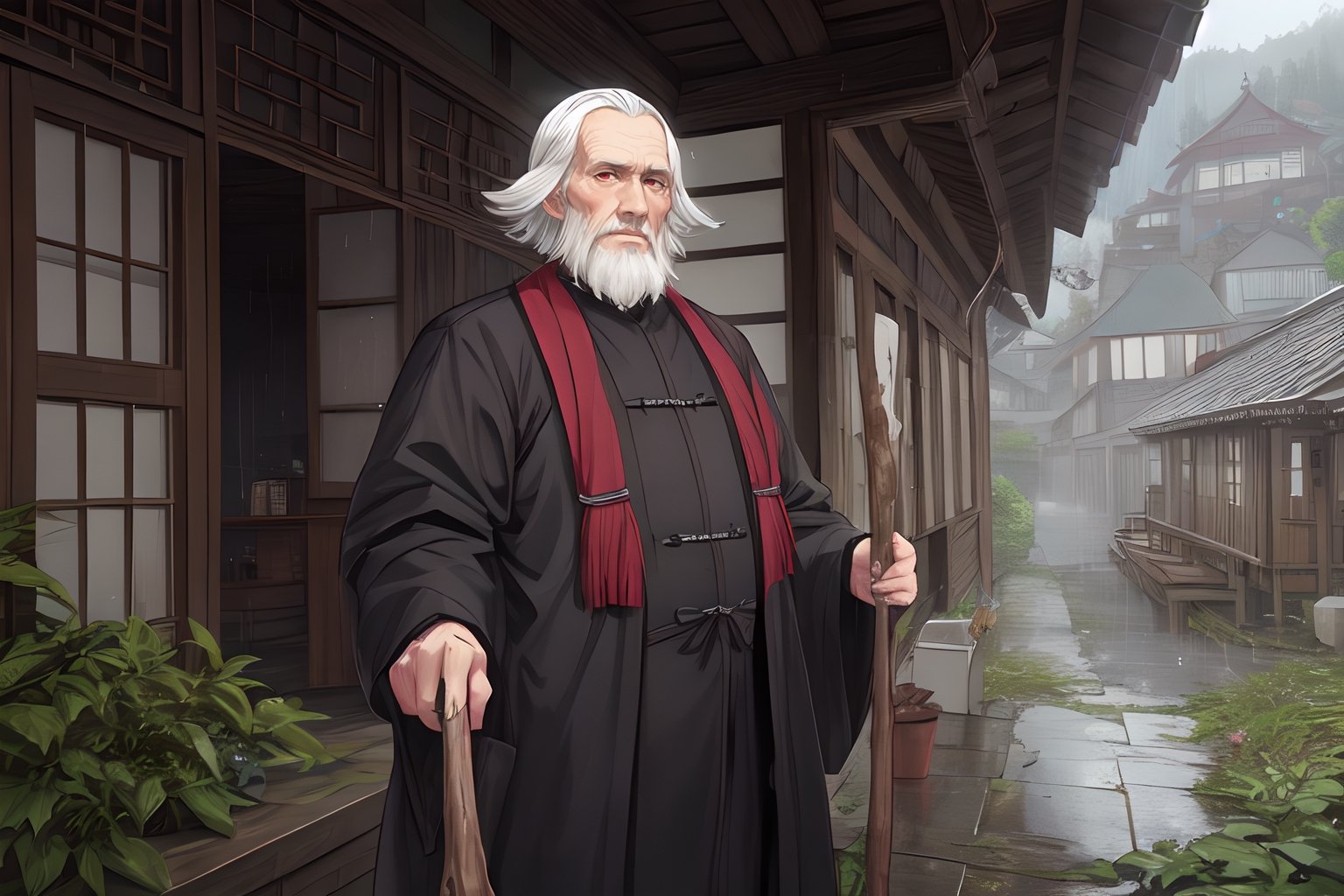 midjourney, masterpiece, best quality, best quality, Amazing, tall, old man around 80 years old ,hold a stick\(skull shape)\ ,red eyes, skull ,skinny, (brown shorthair), face color dark, village, stare, anime, midjourney, (((solo))),masterpiece,  in a village house in chinese style background , {medicine,herb} , heavy raining ,