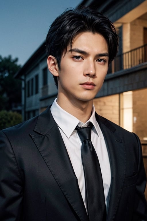 ((Fujifilm)), man, tall, handsome, solo, {sharp eyes}, night , man in ancient god warrior custume, tall, calm and cold expression, stare, hair blown by the breeze, delicate facial features, aisb_aisb, black shirt , {black suit }, necktie , fade hair style,short hair, outside a villa