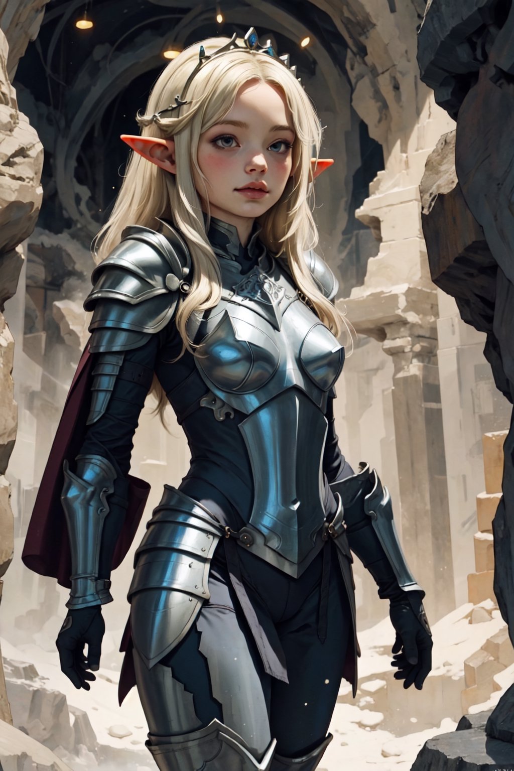 (high definition) 1 Girl, alone, elf girl in armor, elven girl, elf, armor, and medieval clothing, a crown in the cave, cape, ancient Greek ruins,