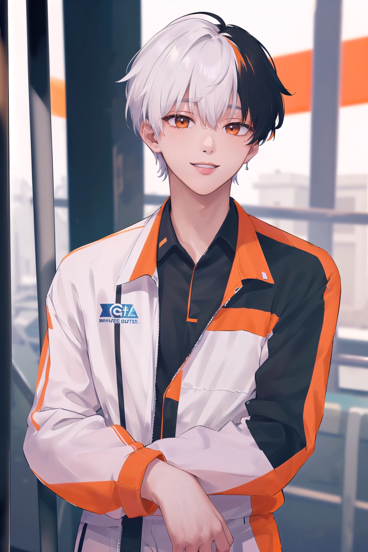 (((solo, looking at viewer))),(masterpiece, best quality), (((1boy, 30yo, handsome face, white color hair, white shot hair, stick out hair))),  (((black color gym suit, orange color stripes))), big smile, blue sky, park background,kpop,boy