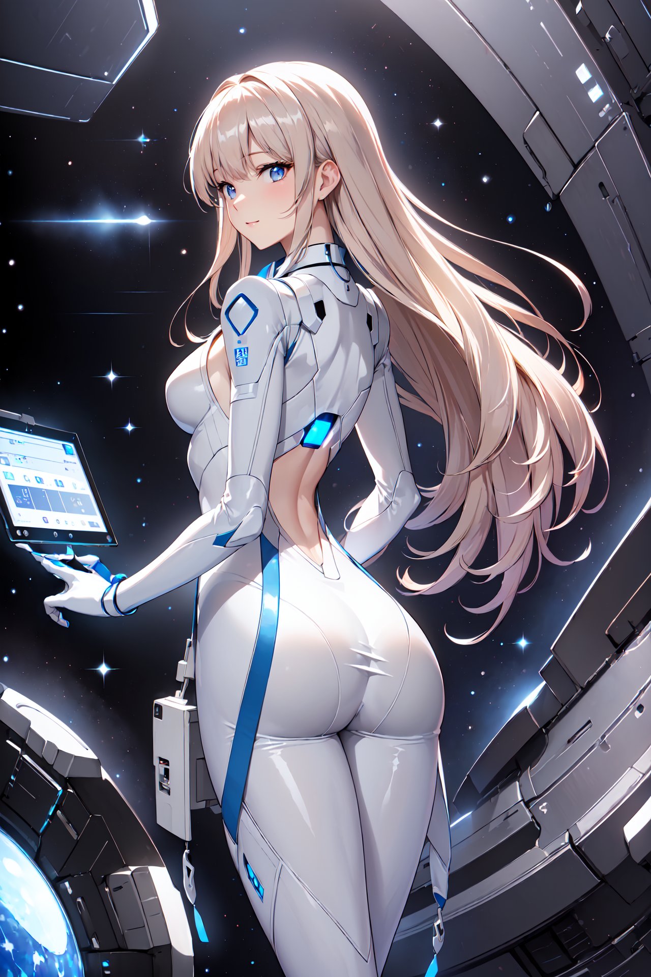 (((back view, looking at viewer, light smile, daring, revealing, skimpy outfit, Science Lab of large cargo spacecraft background, While reading together, their faces unintentionally get closer, marking the first real expression of their feelings))), (masterpiece, best quality, 4k), 1girl, (170 cm Height, Long platinum blonde hair, always neatly styled, Blue Eyes, Slender and elegant), (A form-fitting, high-tech spacesuit in white and silver, accentuated with blue LED lines, Accessories: Wears a small silver necklace and always has a compact data pad on her wrist), Beautiful