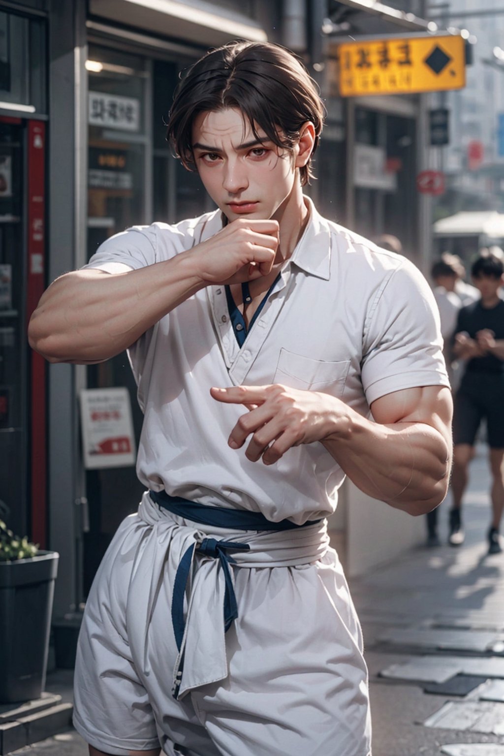 (1 man, gangster, 40-Year-Old male at 1920s), (skin head, shaved hair, scar face, muscle, muscle body), (Dressed in 1920s style clothing), (Foggy Seoul Streets at 1920s), (Dynamic Pose:1.4), Centered, (Waist-up Shot:1.4), From Front Shot, Insane Details, Intricate Face Detail, Intricate Hand Details, Cinematic Shot and Lighting, Realistic and Vibrant Colors, Masterpiece, Sharp Focus, Ultra Detailed, Incredibly Realistic Environment and Scene,SieKensou