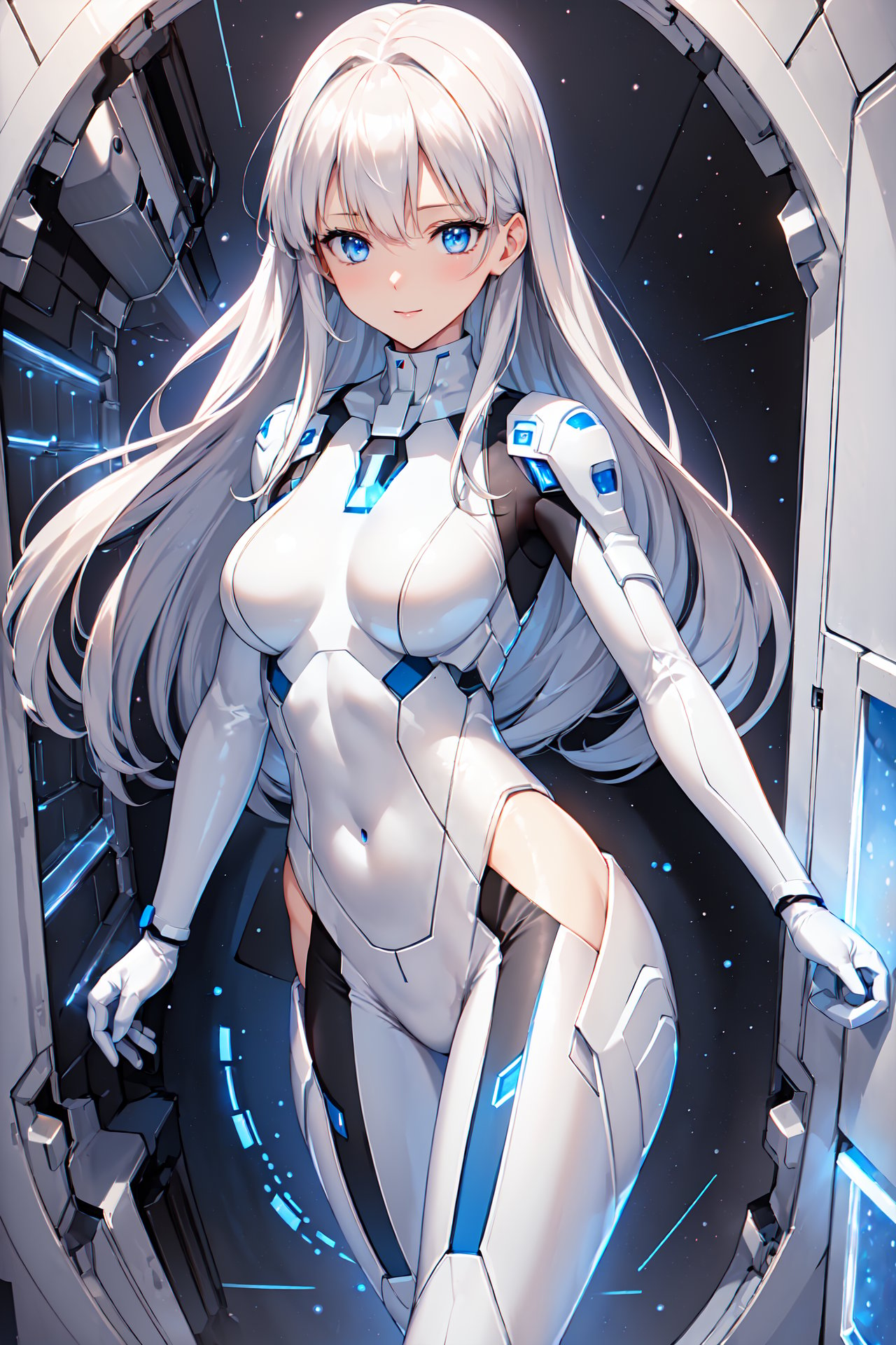 (((light smile, daring, revealing, skimpy outfit, Cryo Chamber of large cargo spacecraft background, While inspecting the cryo pods, she locks eyes with him, and a subtle yet powerful connection forms in the quiet, enclosed space))), (masterpiece, best quality, 4k), 1girl, (170 cm Height, Long platinum blonde hair, always neatly styled, Blue Eyes, Slender and elegant), (A form-fitting, high-tech spacesuit in white and silver, accentuated with blue LED lines, Accessories: Wears a small silver necklace and always has a compact data pad on her wrist), Beautiful