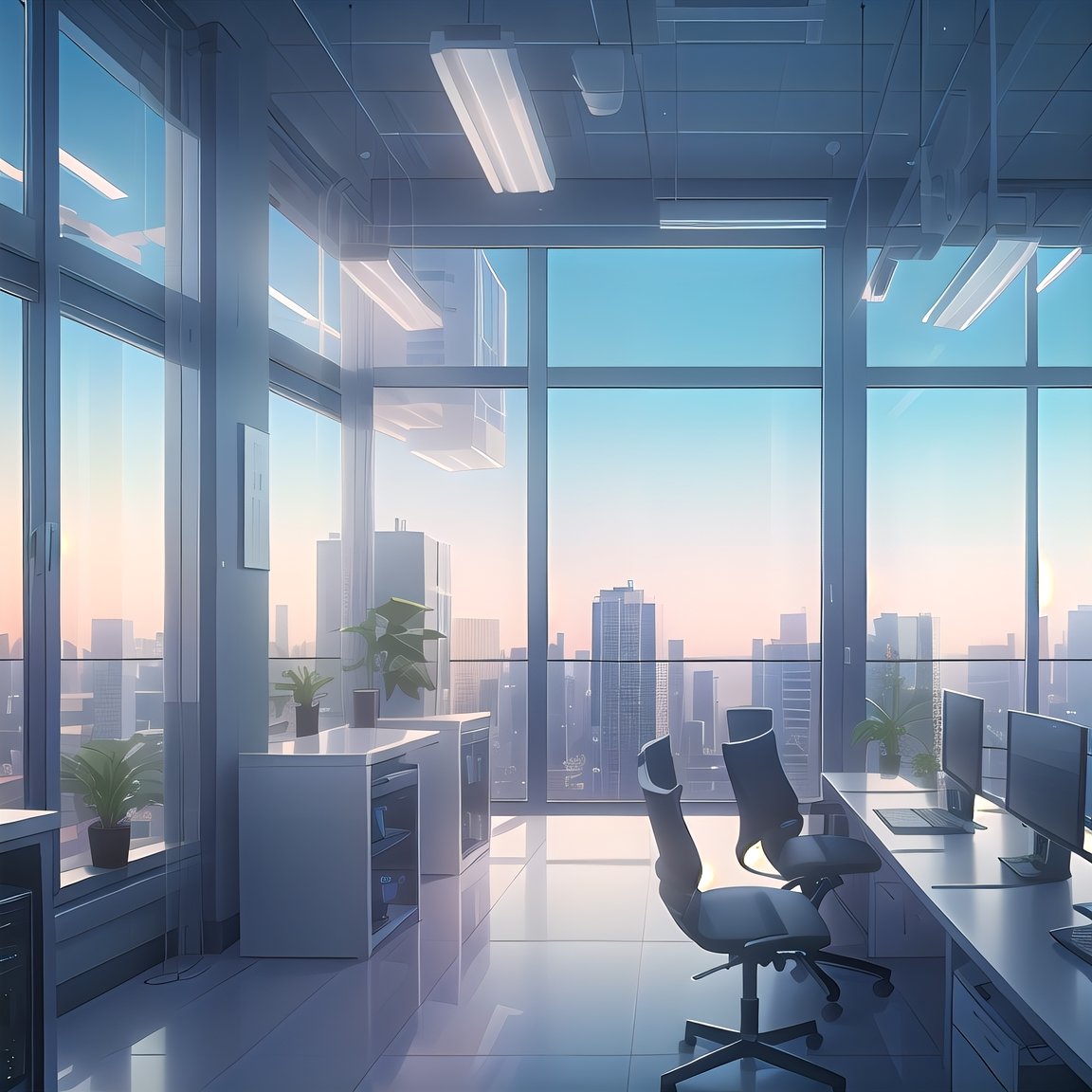 indoor, office room, tables, computers, window, sky, (masterpiece),(high quality), best quality, real,(realistic), super detailed, (full detail),(4k),8k,